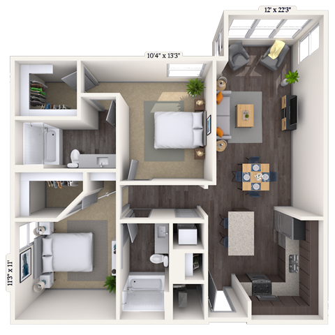 Floor plan for 2 beds, 2 baths, 1086 sqft