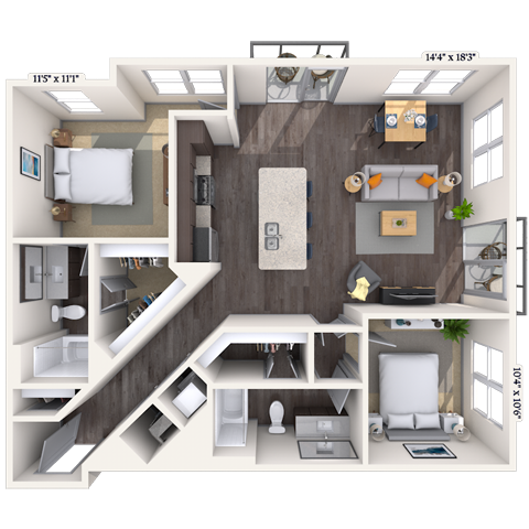 Floor plan for 2 beds, 2 baths, 1106 sqft