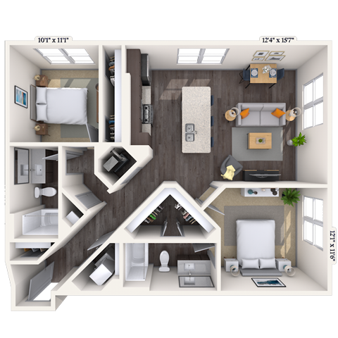 Floor plan for 2 beds, 2 baths, 1129 sqft