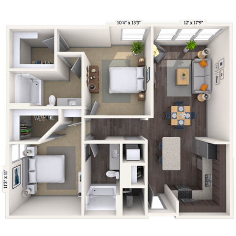 Floor plan for 2 beds, 2 baths, 1031 sqft