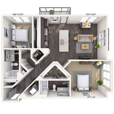Floor plan for 2 beds, 2 baths, 1044 sqft