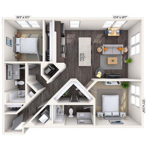 Floor plan for 2 beds, 2 baths, 1027 sqft