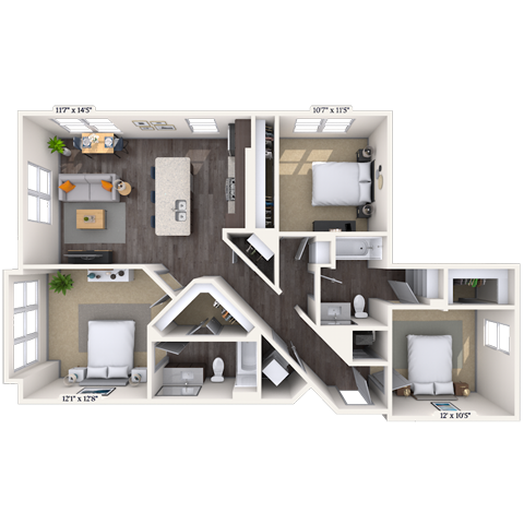 Floor plan for 3 beds, 2 baths, 1227 sqft