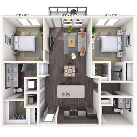 Floor plan for 2 beds, 2 baths, 1078 sqft