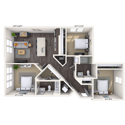 Floor plan for 3 beds, 2 baths, 1210 sqft