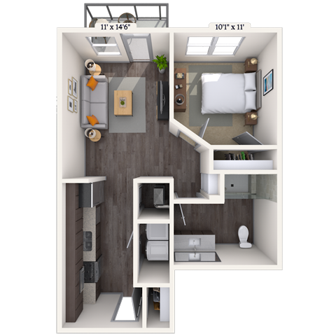 Floor plan for 1 bed, 1 bath, 590 sqft