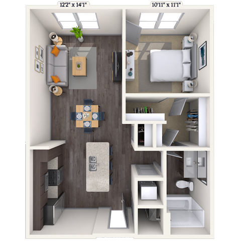 Floor plan for 1 bed, 1 bath, 718 sqft