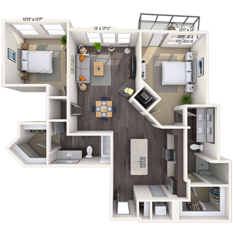 Floor plan for 2 beds, 2 baths, 1178 sqft