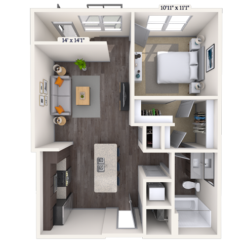 Floor plan for 1 bed, 1 bath, 748 sqft