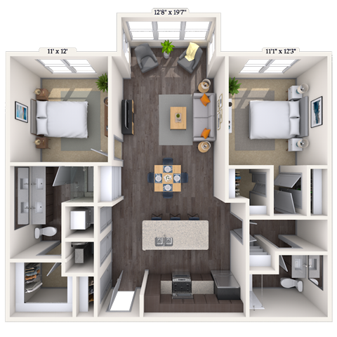 Floor plan for 2 beds, 2 baths, 1130 sqft