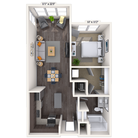 Floor plan for 1 bed, 1 bath, 713 sqft