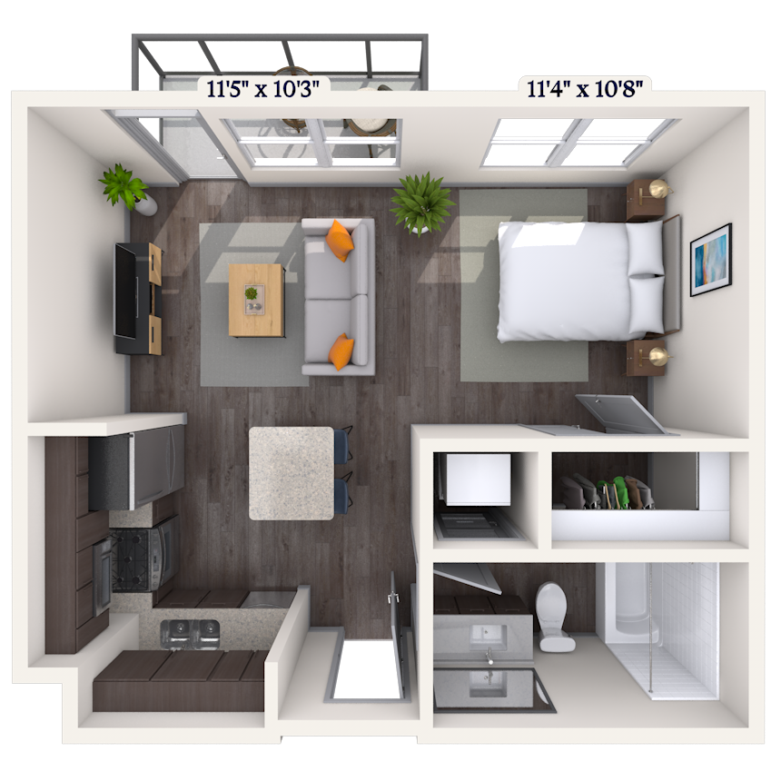 Floor plan for studio, 1 bath, 504 sqft