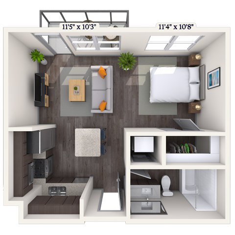 Floor plan for studio, 1 bath, 504 sqft