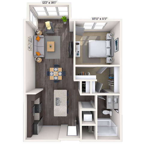 Floor plan for 1 bed, 1 bath, 762 sqft