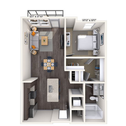 Floor plan for 1 bed, 1 bath, 710 sqft