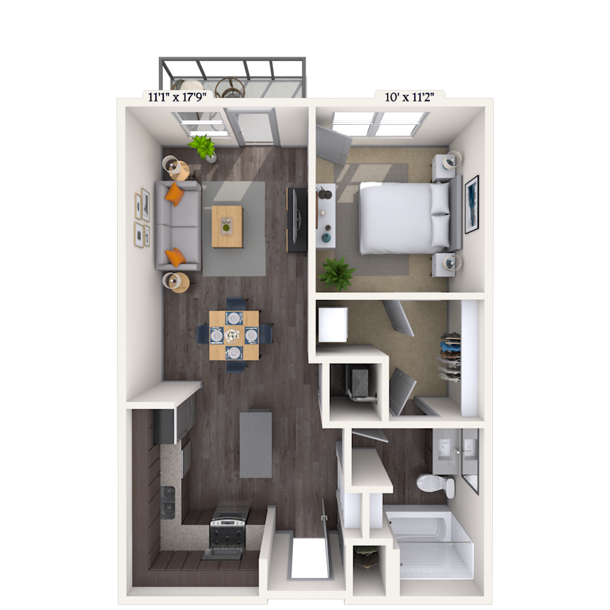 Floor plan for 1 bed, 1 bath, 658 sqft