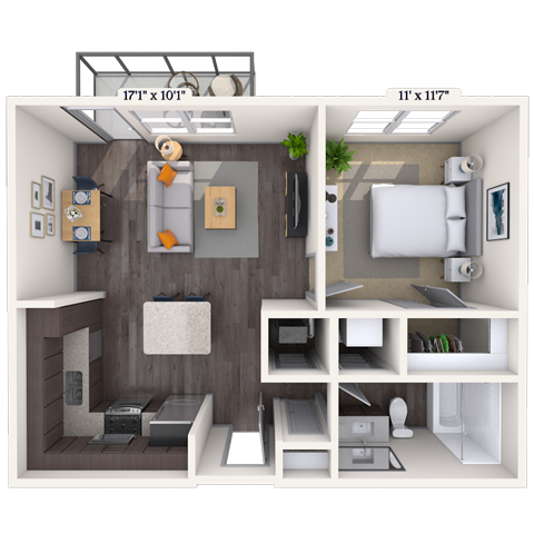Floor plan for 1 bed, 1 bath, 636 sqft