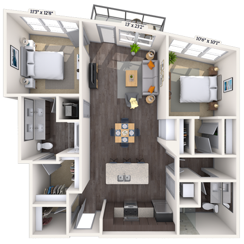 Floor plan for 2 beds, 2 baths, 1100 sqft