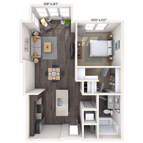 Floor plan for 1 bed, 1 bath, 787 sqft