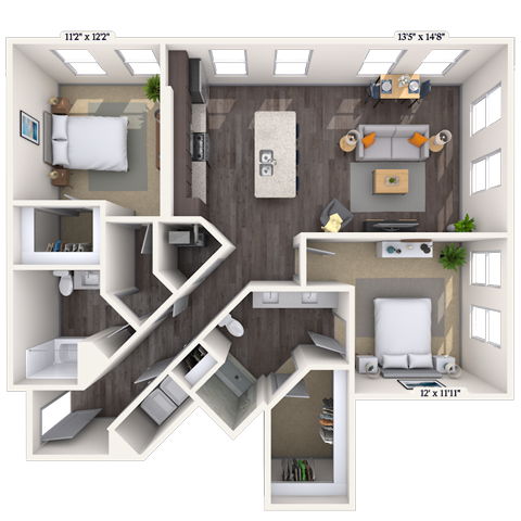 Floor plan for 2 beds, 2 baths, 1196 sqft