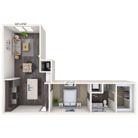 Floor plan for 1 bed, 1 bath, 748 sqft