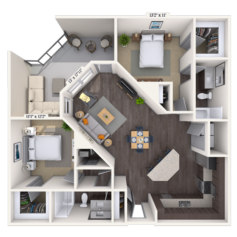 Floor plan for 2 beds, 2 baths, 1132 sqft