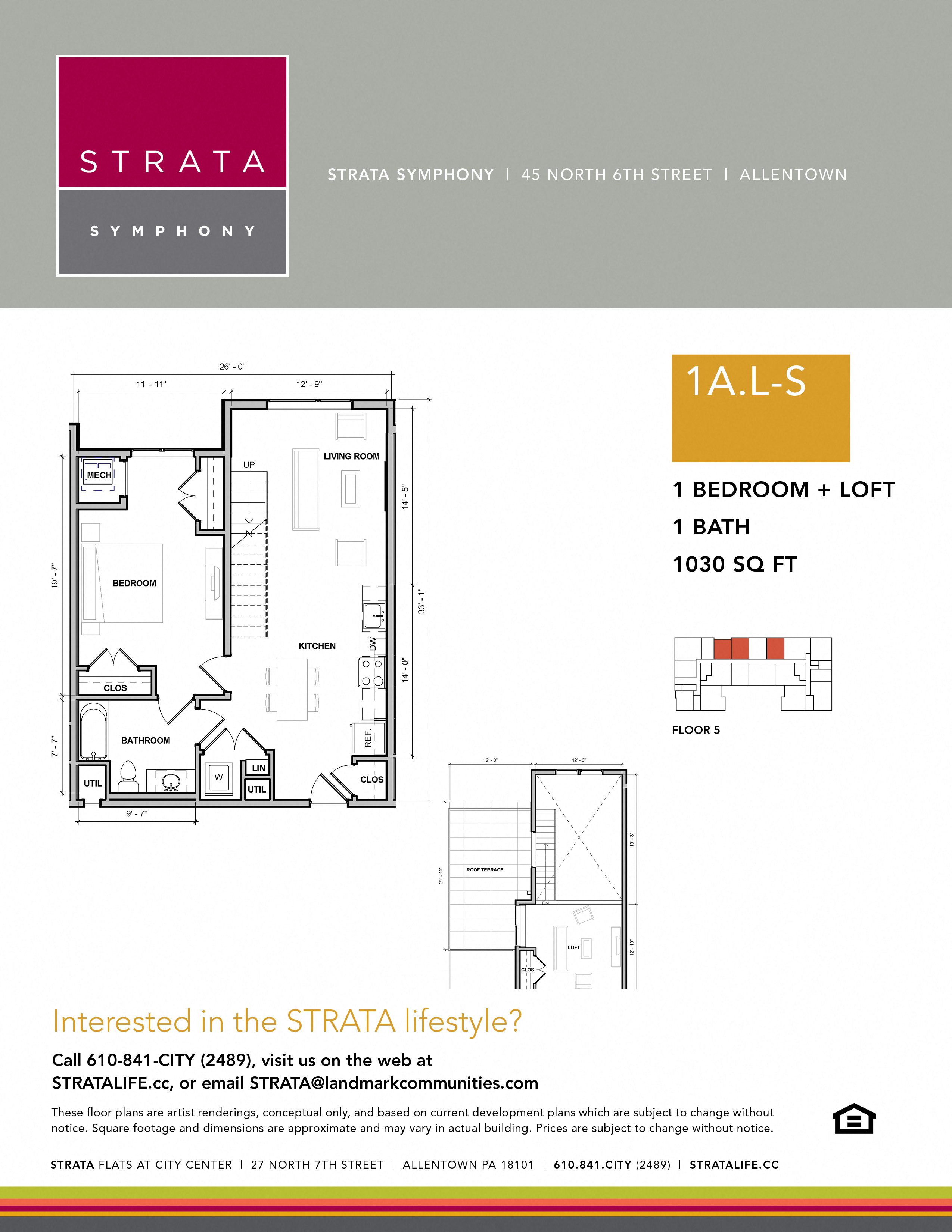 Floor plan for 1 bed, 1 bath, 1030 sqft