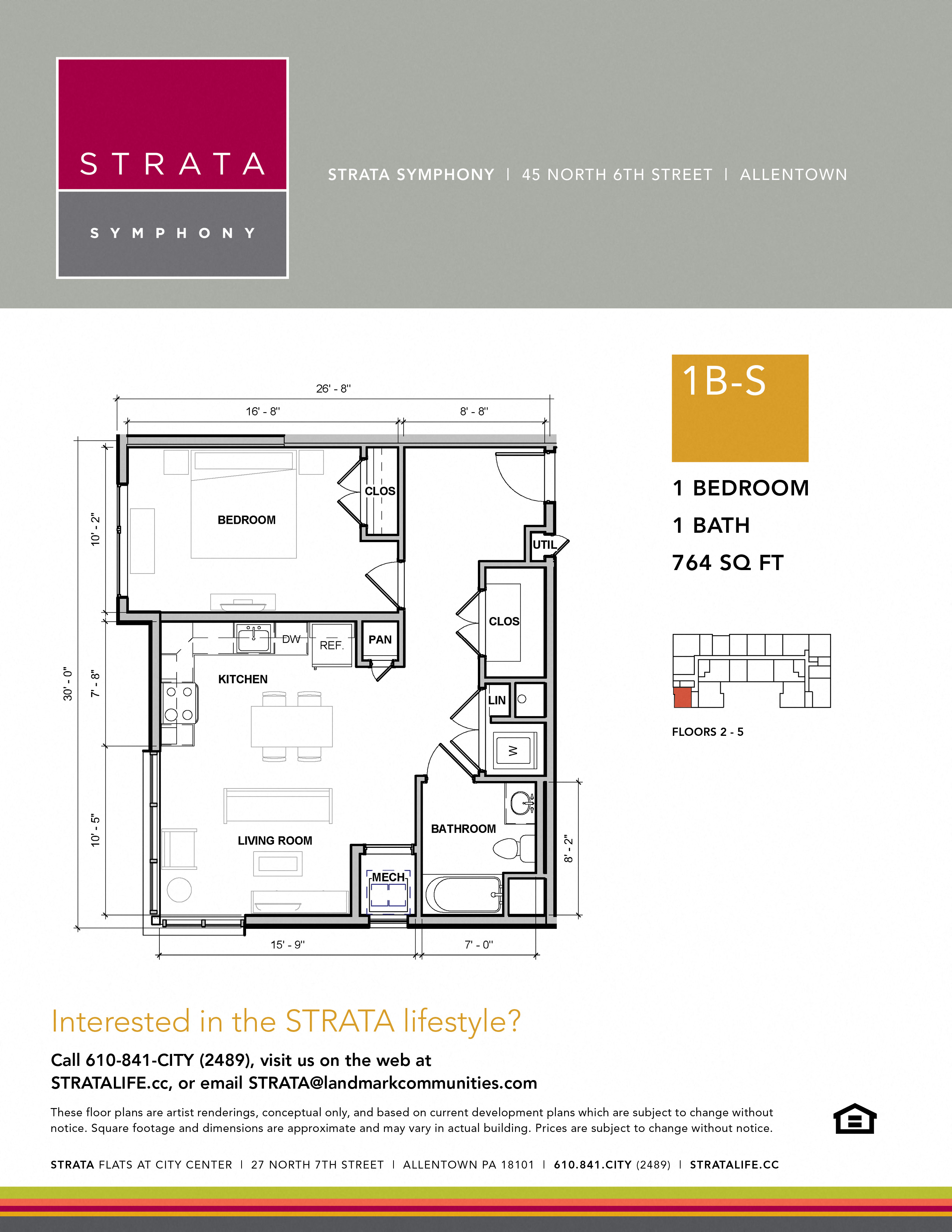 Floor plan for 1 bed, 1 bath, 764 sqft