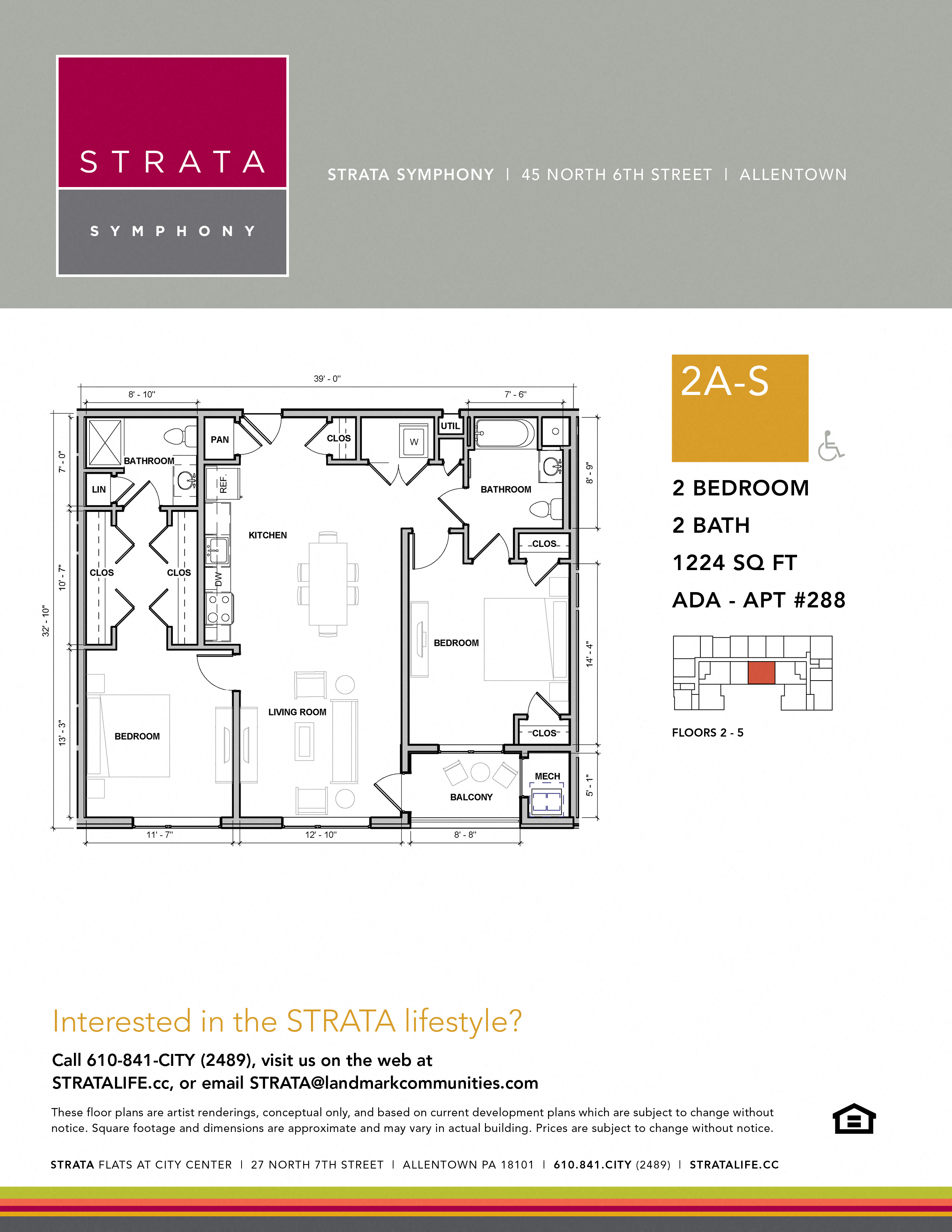 Floor plan for 2 beds, 2 baths, 1224 sqft