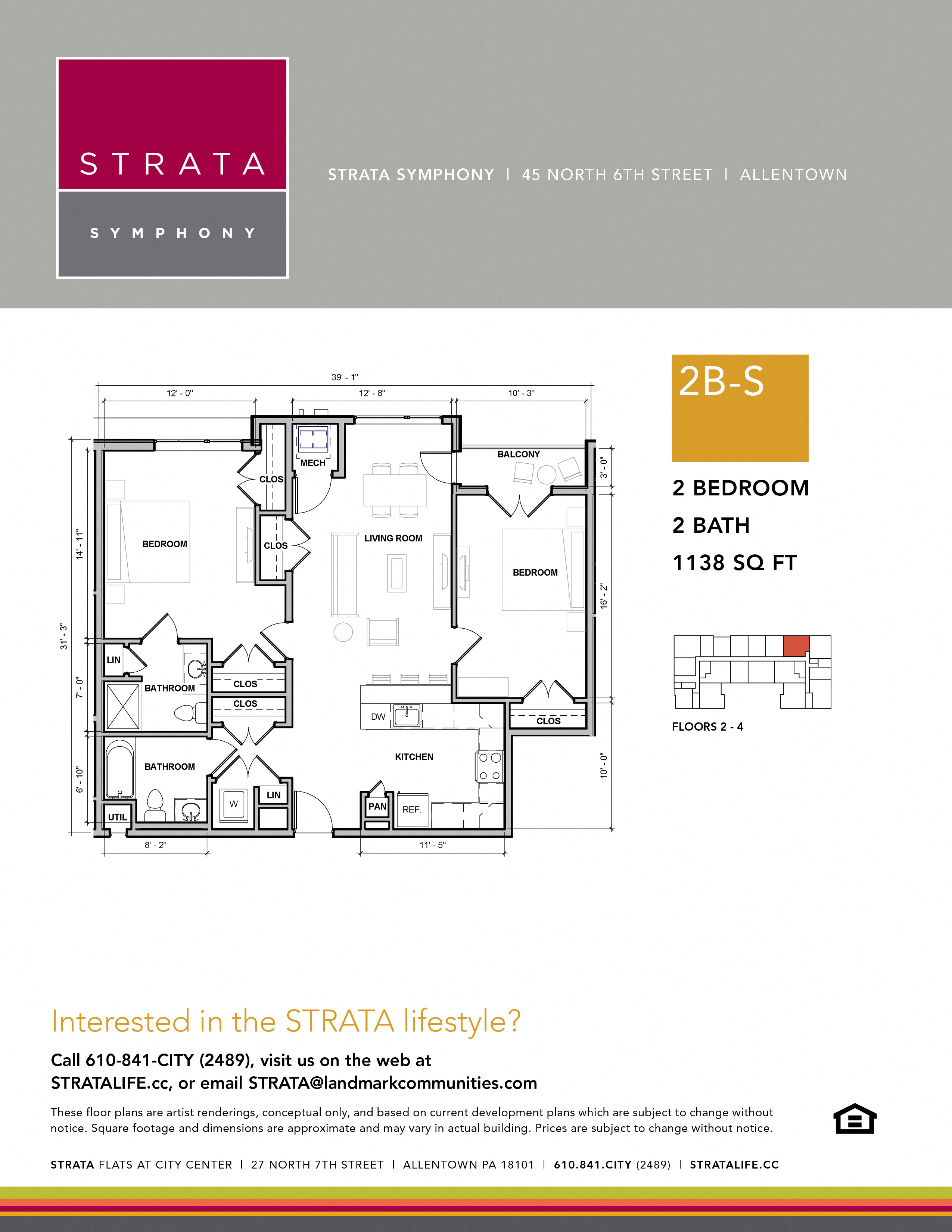 Floor plan for 2 beds, 2 baths, 1138 sqft