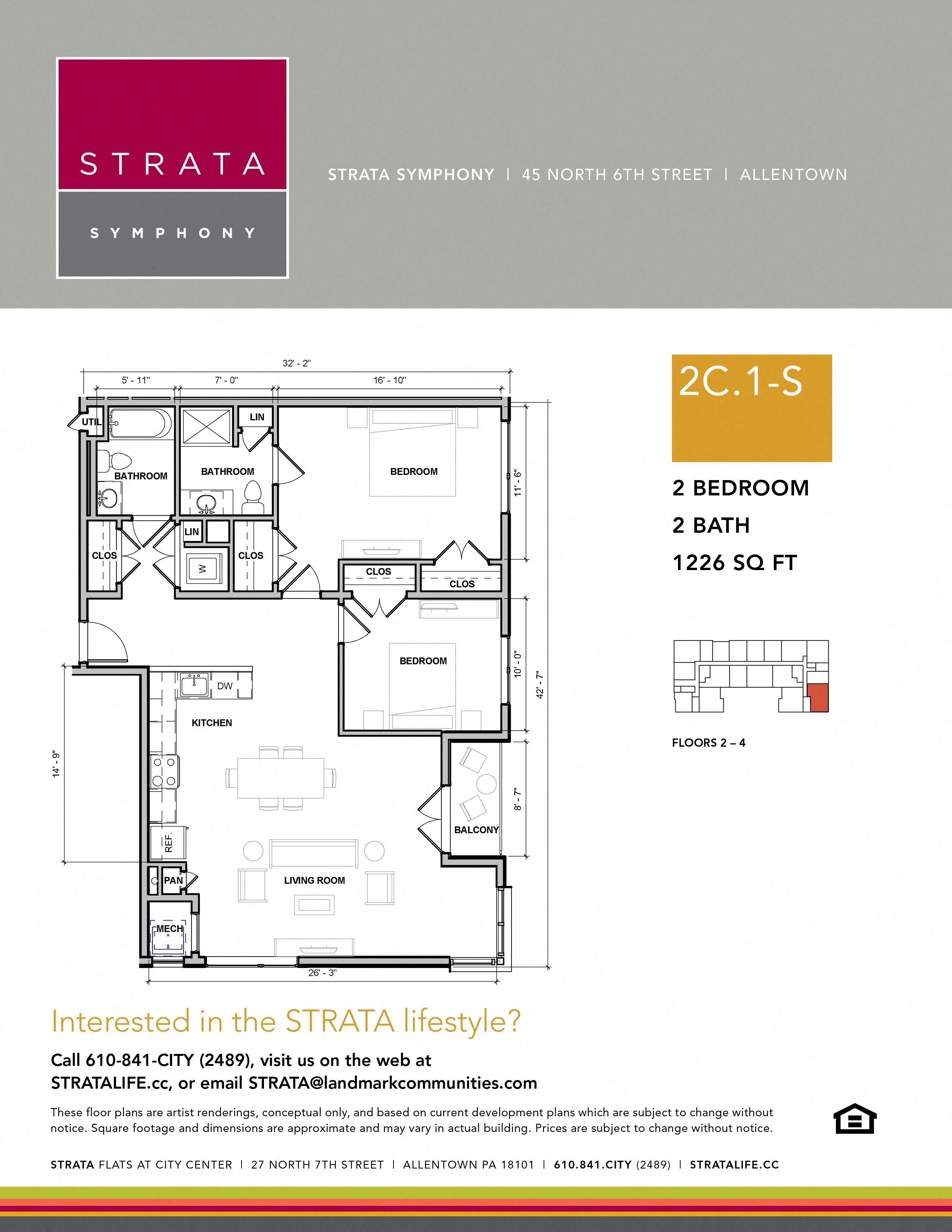 Floor plan for 2 beds, 2 baths, 1226 sqft