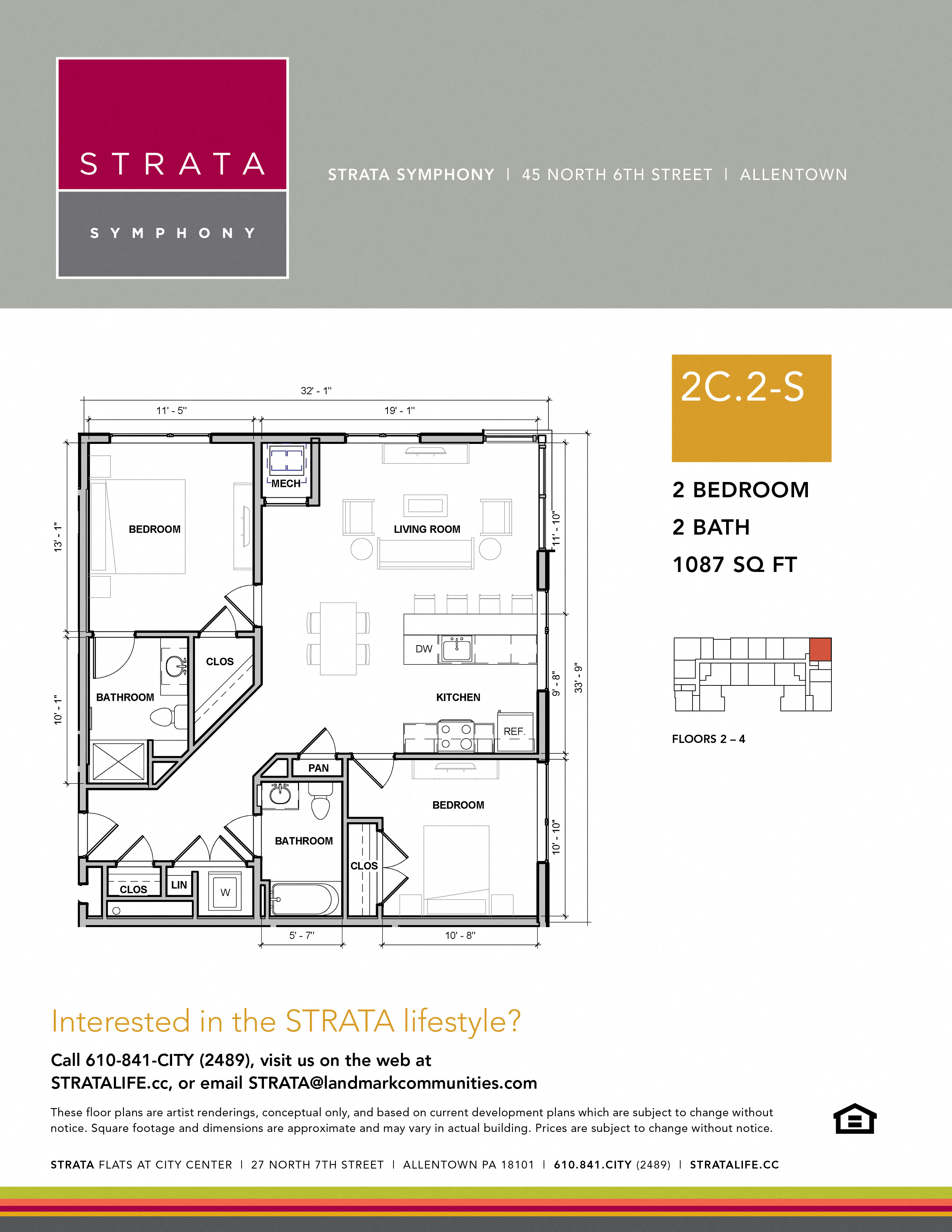 Floor plan for 2 beds, 2 baths, 1087 sqft