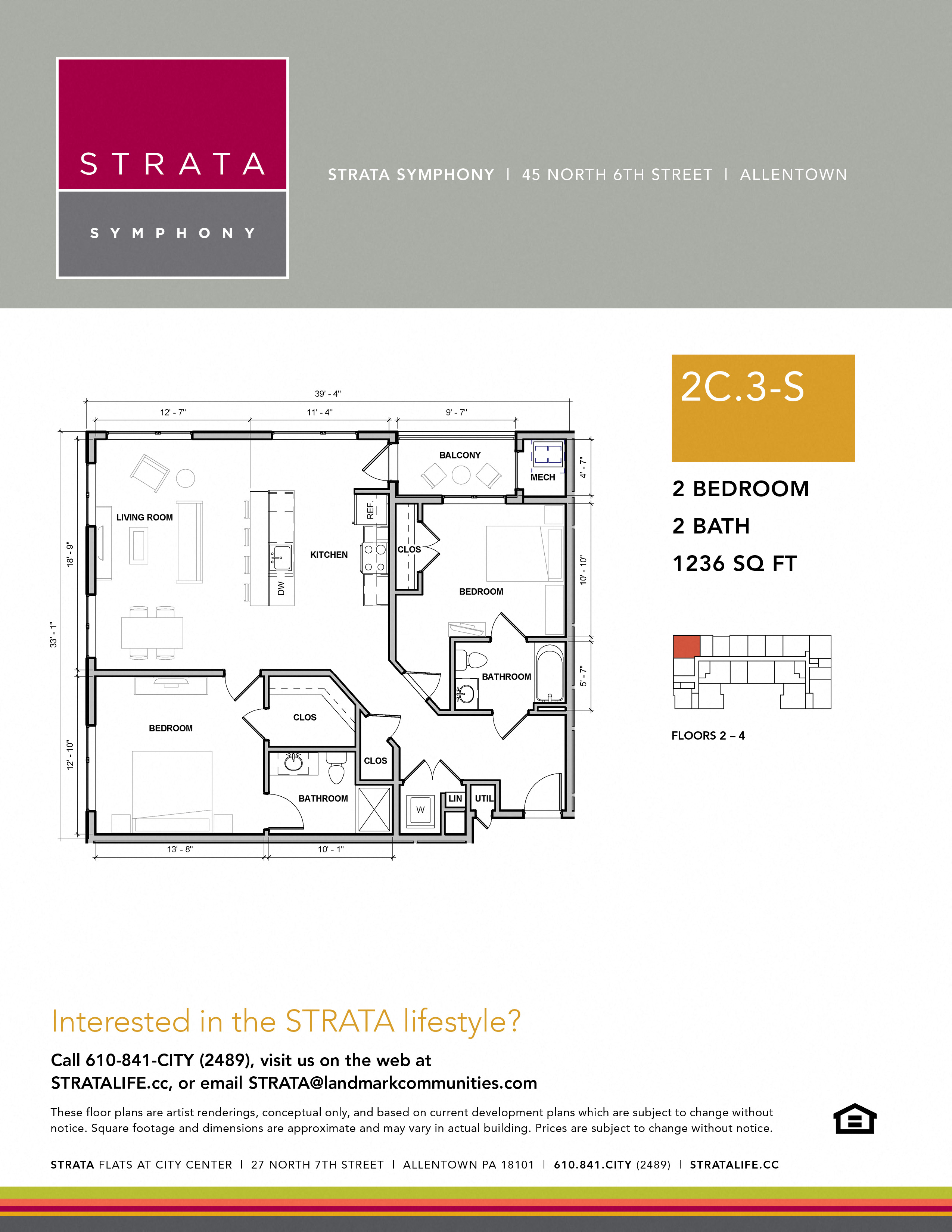Floor plan for 2 beds, 2 baths, 1236 sqft
