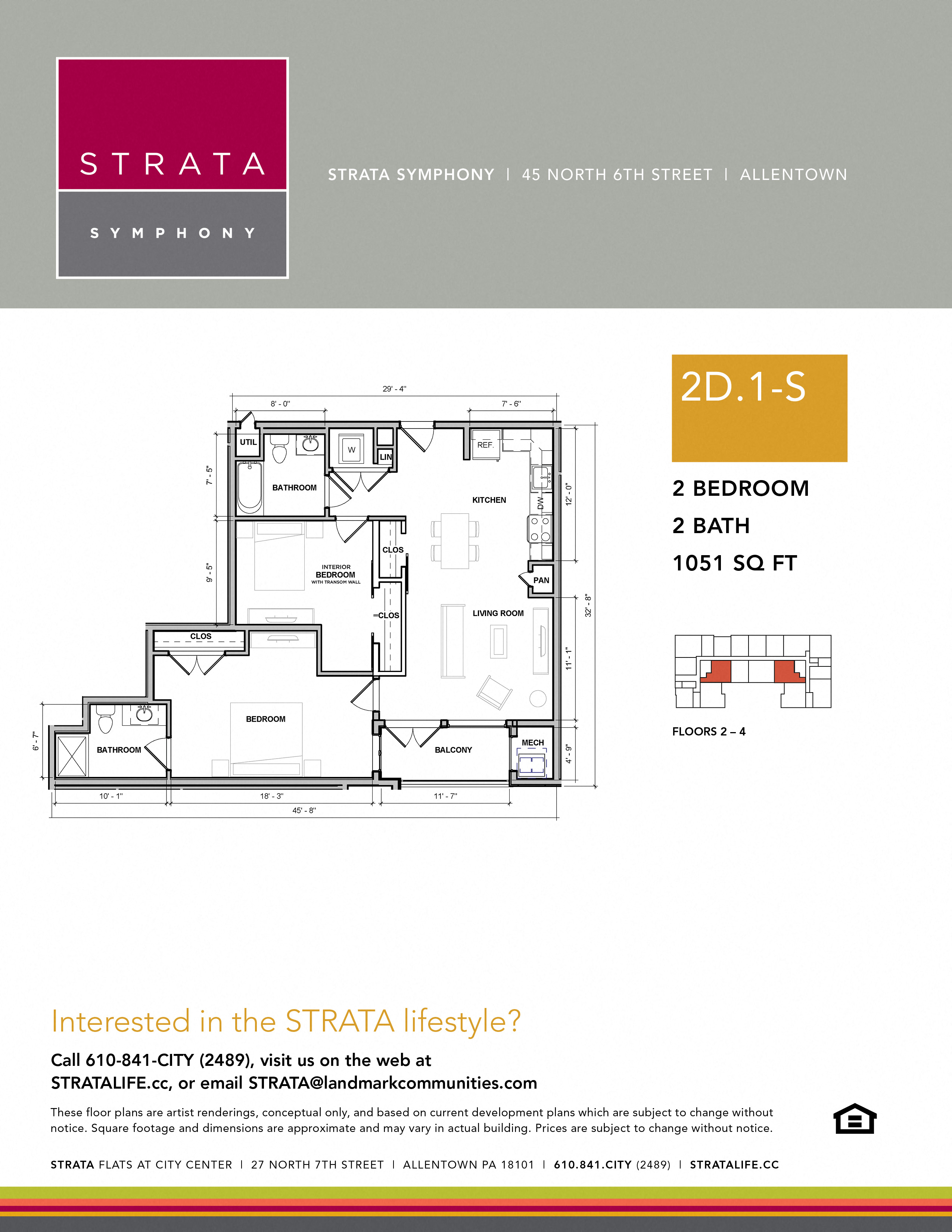 Floor plan for 2 beds, 2 baths, 1051 sqft