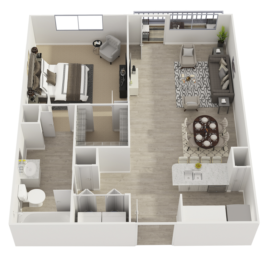 Floor plan for 1 bed, 1 bath, 696 sqft