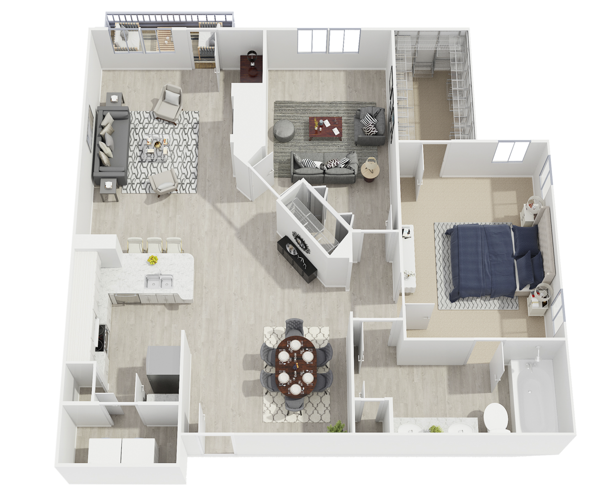 Floor plan for 1 bed, 1 bath, 959 sqft