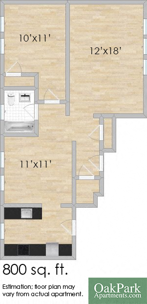 Floor plan for 1 bed, 1 bath, 800 sqft