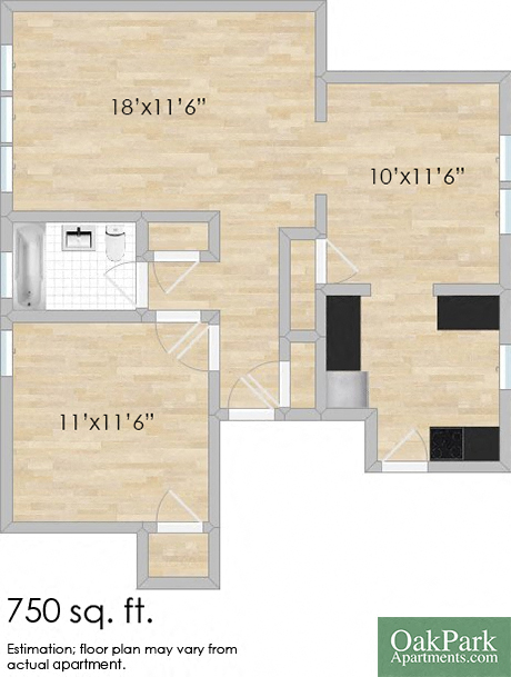 Floor plan for 1 bed, 1 bath, 750 sqft