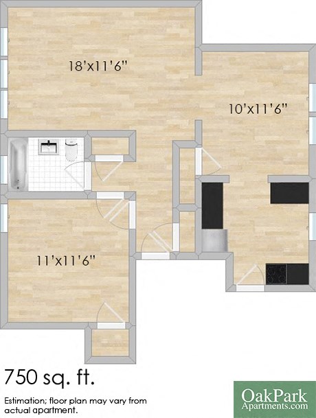 Floor plan for 1 bed, 1 bath, 750 sqft