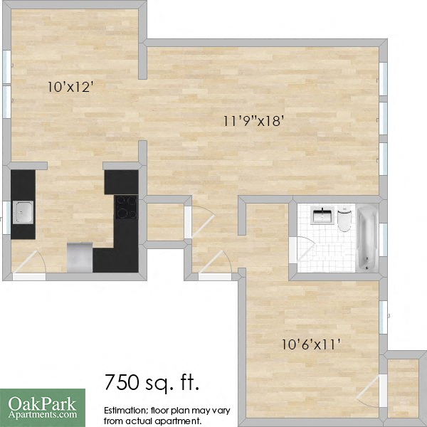 Floor plan for 1 bed, 1 bath, 750 sqft