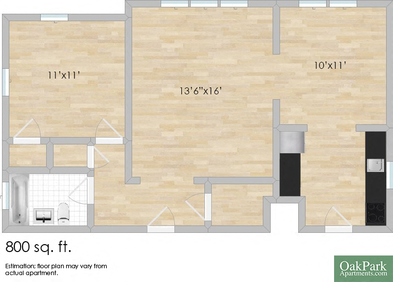Floor plan for 1 bed, 1 bath, 800 sqft
