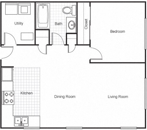 Floor plan for 1 bed, 1 bath, 734 sqft