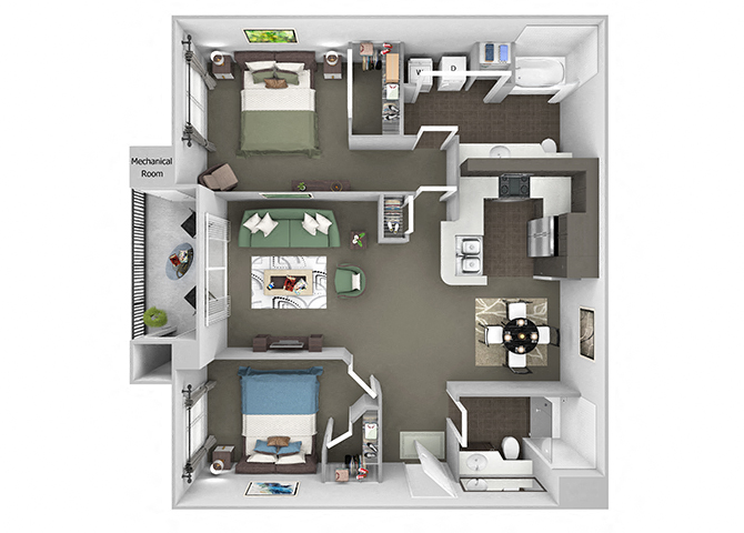 Floor plan for 2 beds, 2 baths, 1097 sqft