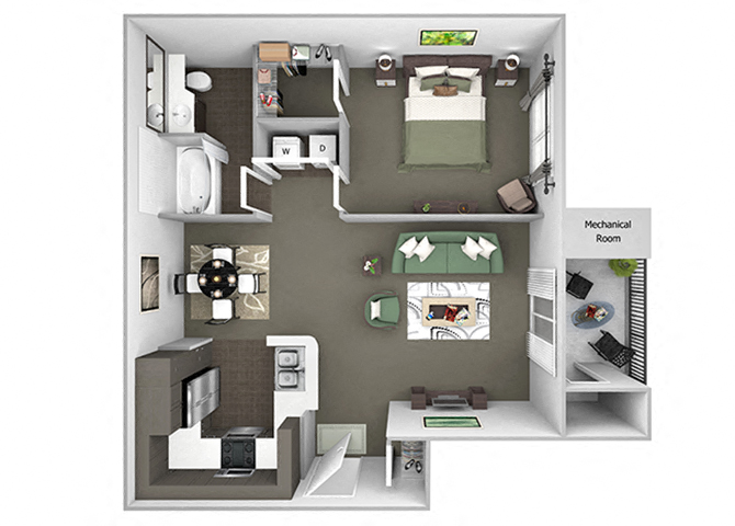 Floor plan for 1 bed, 1 bath, 826 sqft