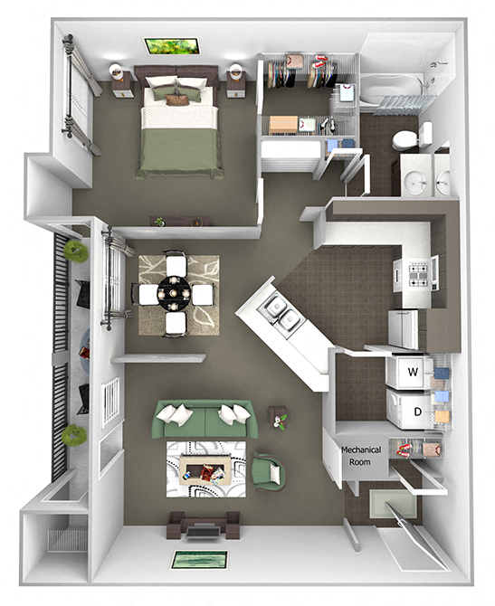 Floor plan for 1 bed, 1 bath, 716 sqft