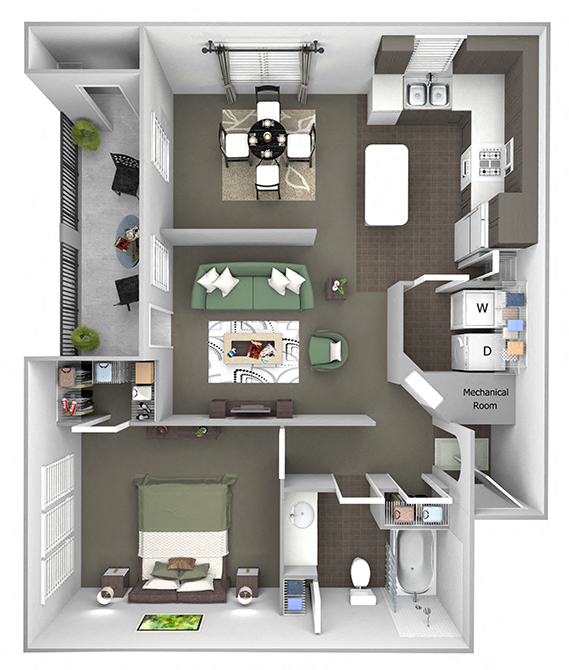 Floor plan for 1 bed, 1 bath, 814 sqft