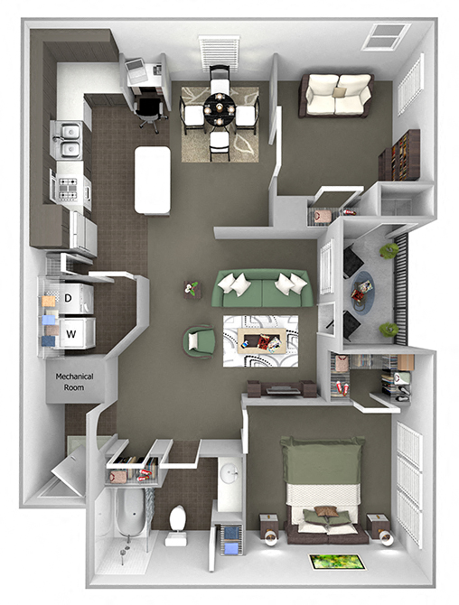 Floor plan for 1 bed, 1 bath, 931 sqft