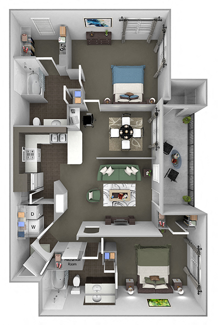 Floor plan for 2 beds, 2 baths, 1249 sqft