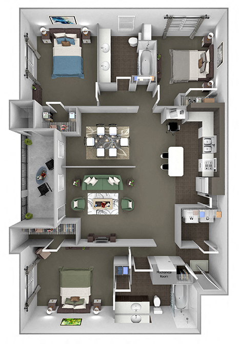 Floor plan for 3 beds, 2 baths, 1368 sqft