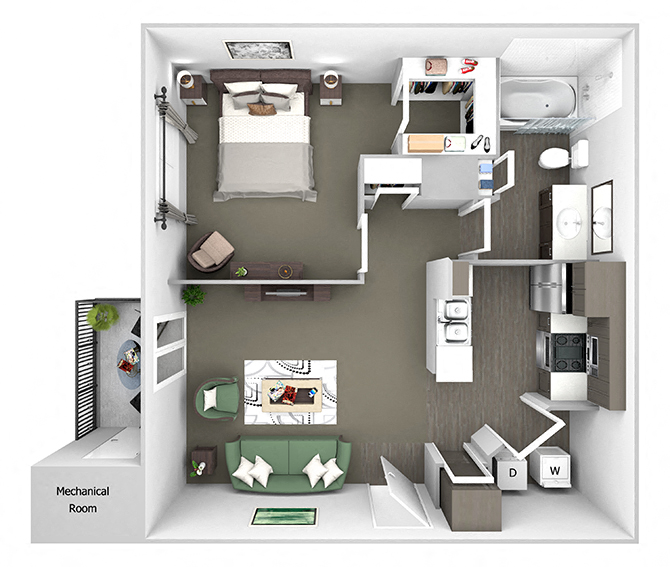 Floor plan for 1 bed, 1 bath, 625 sqft